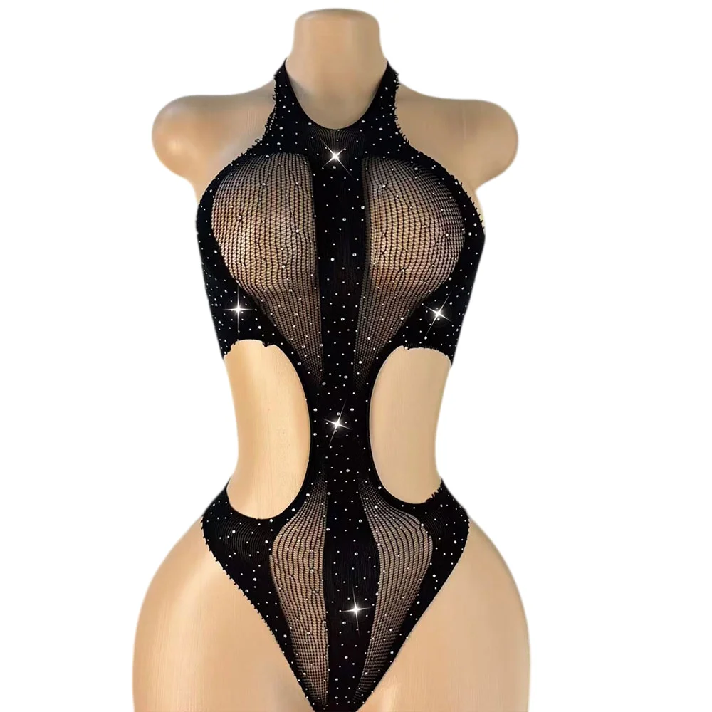 Women Rhinestone‑Decorated Mesh Bodysuit, Halter Backless Elegant Style for Romantic Night Events