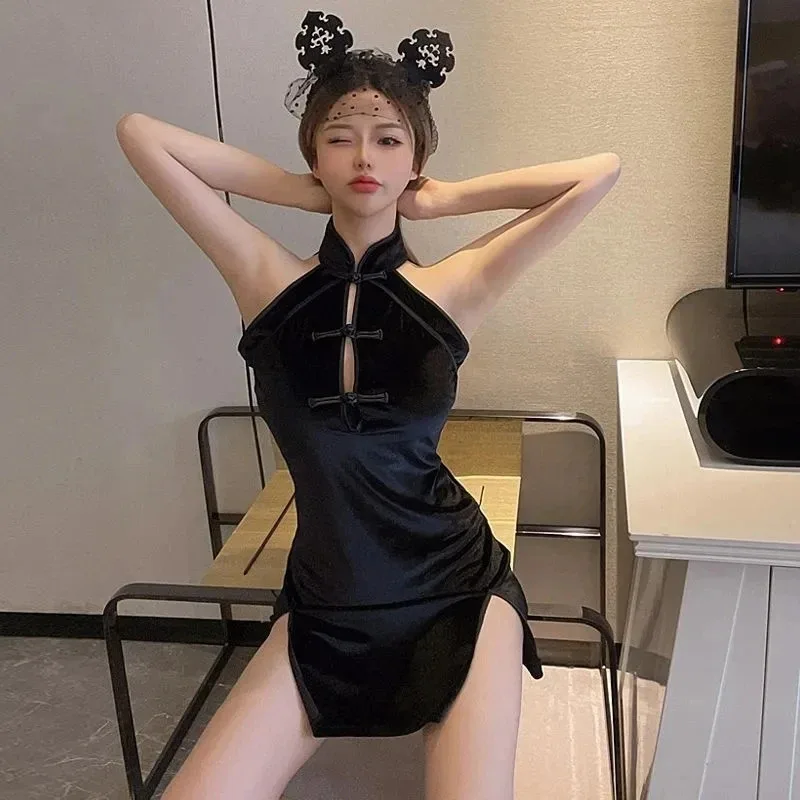 خمر الصينية التقليدية تشيباو شيونغسام مثير البسيطة سليم سبليت فستان صيني تأثيري حلي الكلاسيكية اليوسفي طوق Vestidos