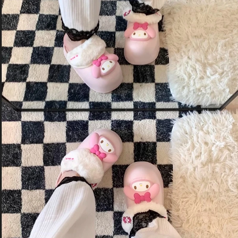 Miniso Sanrio Cotton Slippers Yk2 Kuromi Cinnamoroll Women Winter Plush Non Slip Girl Cute Flat Shoes Slippers Girl Gift