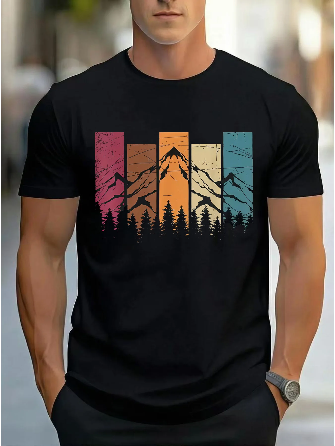 Summer new men's retro color-blocked mountain forest print short-sleeved t-shirt - casual round-neck versatile top