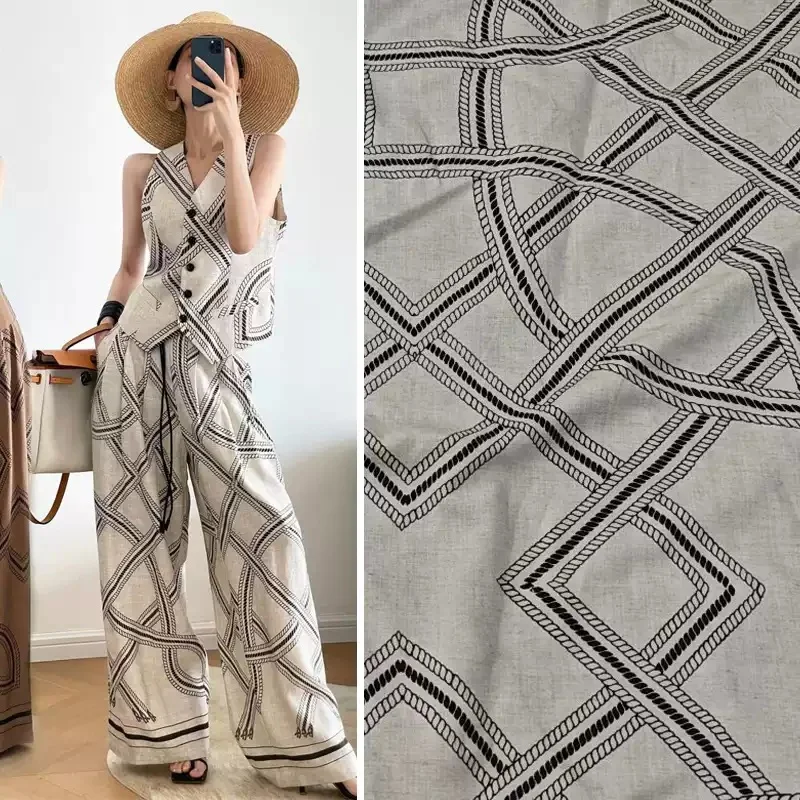 

Vacation Style Rope Pattern Printed Tencel Flax Material Fabric For Women Dress Blouse Handmade DIY Cloth Sewing Material