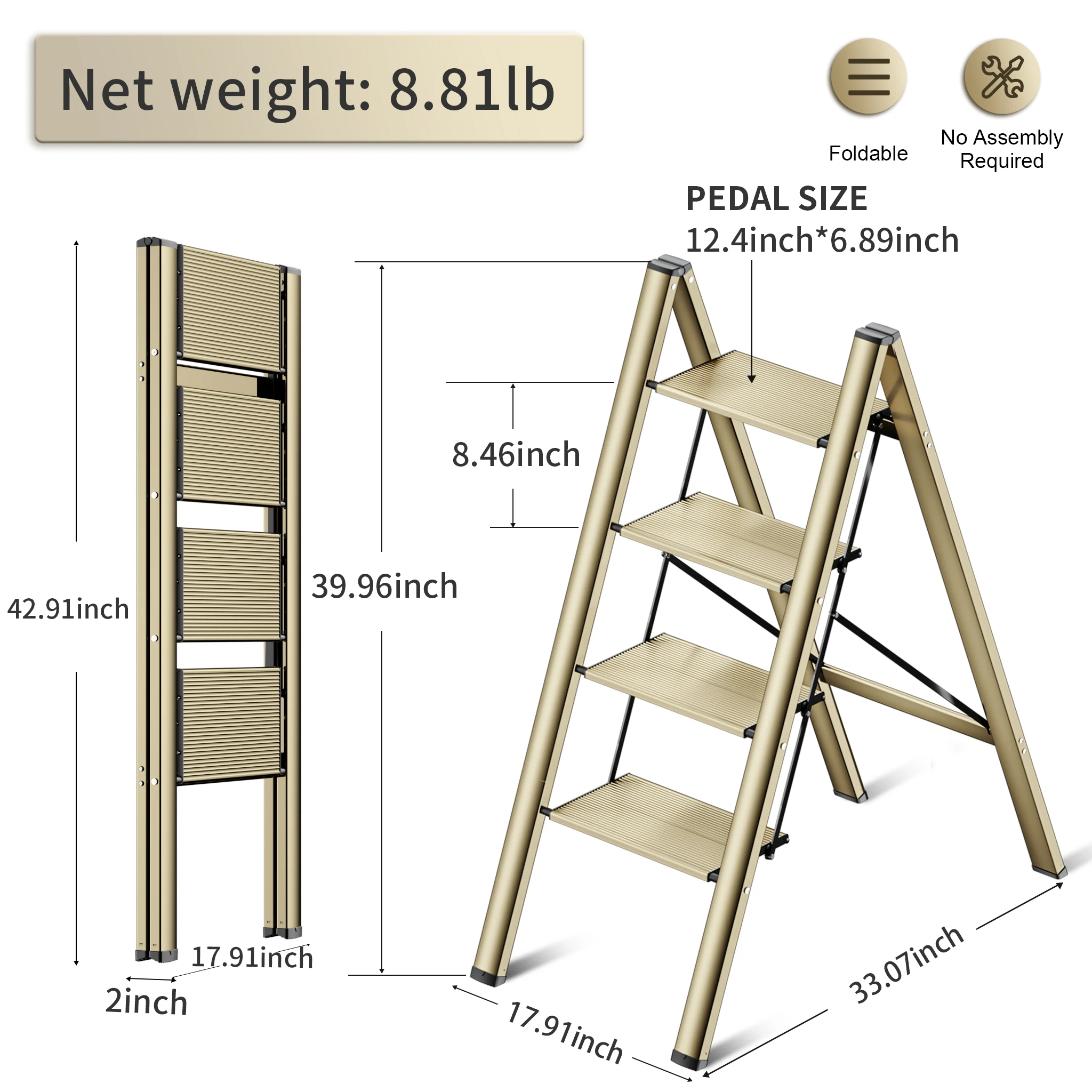 Ladnamy Champagne 4 Step Foldable Miter Ladder Household Small Ladder Thickened Aluminum Alloy Stairs Stool