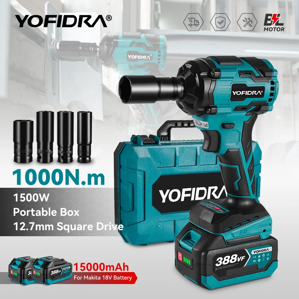 YOFIDRA 1500W 1000N.M Brushless Electric Impact Wrench 1/2 Cordless Screwdriver Drill Socket Set for Makita 18V Battery