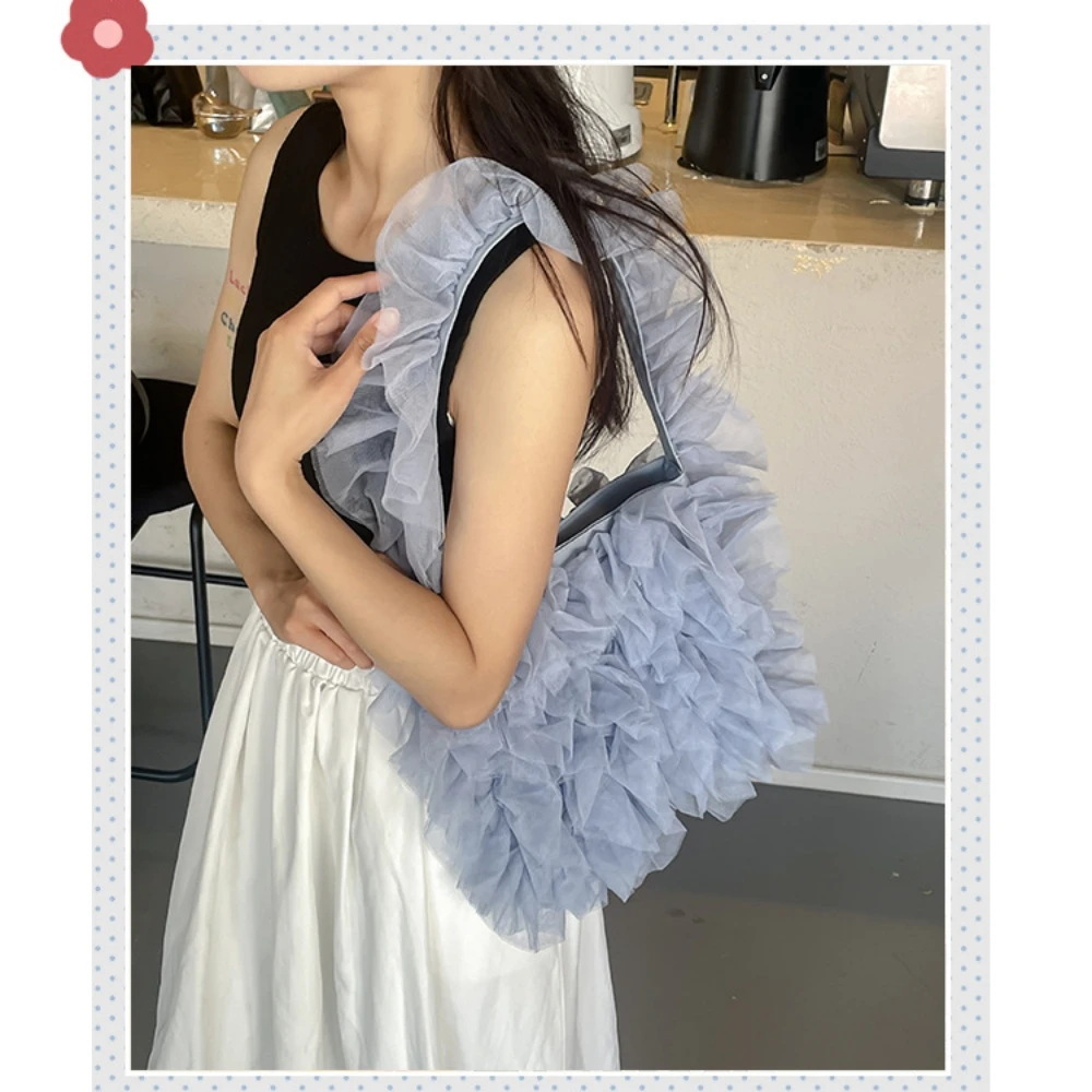 

Sweet Bag Girl Lace Shoulder Bag Lace Pleated Handbag Soft Yarn Splicing Underarm Single Shoulder Bag Temperament Lady Style Bag