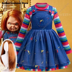 Chucky kostium na Halloween duch szelki sukienka dla dzieci Kid 90-140CM Horror złota peruka impreza z okazji Halloween Chucky przebranie zestaw