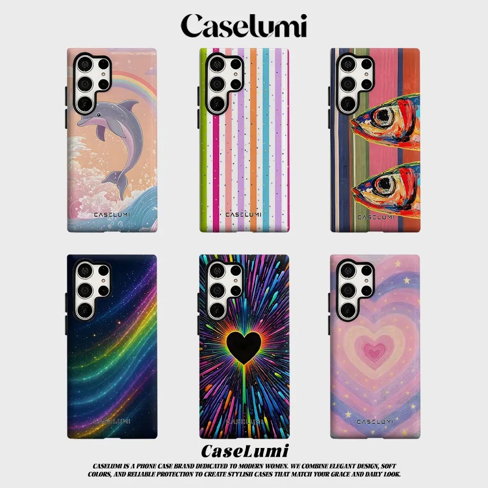Rainbow Dolphin For Samsung Galaxy Phone Case S23 S20 S25 FE S24 Plus S26 Ultra 2-IN-1 Shockproof Bumper Hard PC