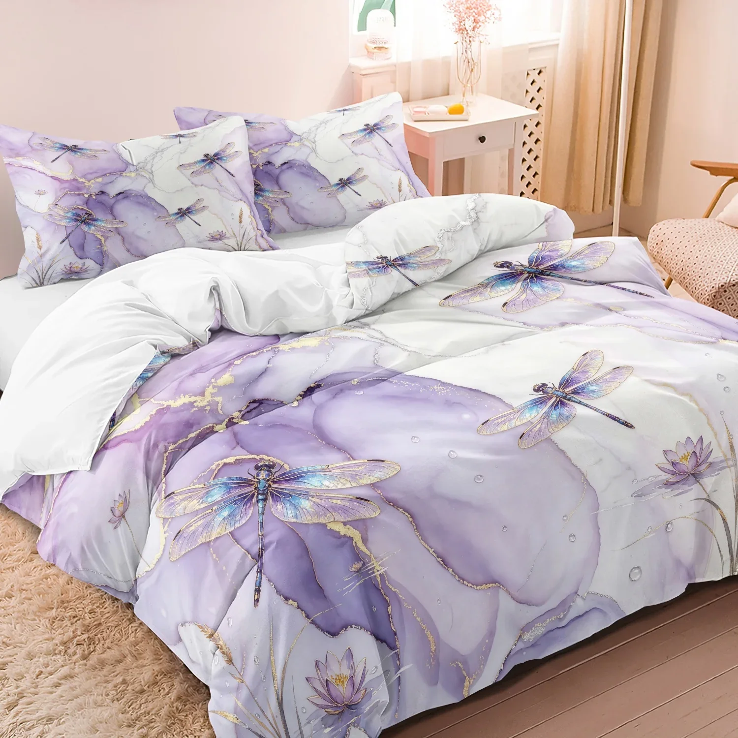 3Pcs Purple Marble Dragonfly Print Duvet Cover Set, Gold Foil Watercolor Lotus Print Bedding, Soft Microfiber Home Decoration,