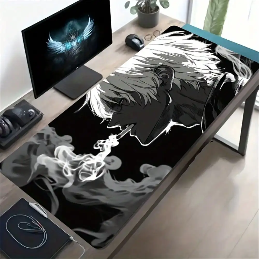 A Large Gaming Mouse Pad Featuring A Black And White Silhouette Of An Anime Character Smoking, With A Non-Slip, Washable Rubber Base. This Oversized Desk Mat Is