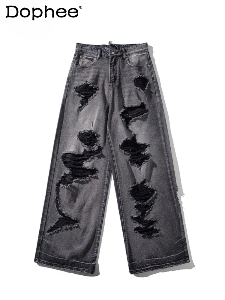 

Men's 2025 Summer New Trendy Loose Wide-Leg Denim Pants American Style High Street Straight Denim Trousers Male Chic Hole Jeans