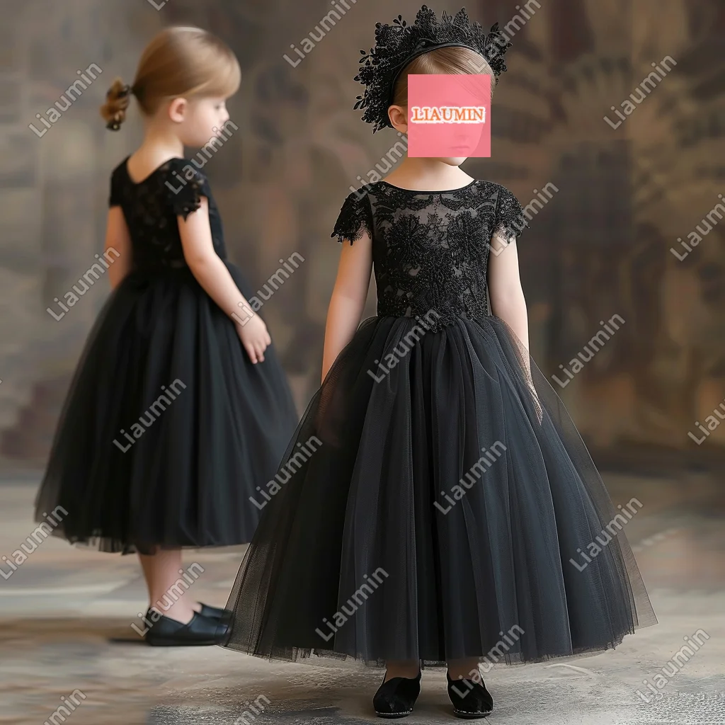 

Black Flower Girl Dresses Short Sleeve Tulle Princess Lace Applique First Communion Formal Brithday Pageant SKirt Kids W17-4.11