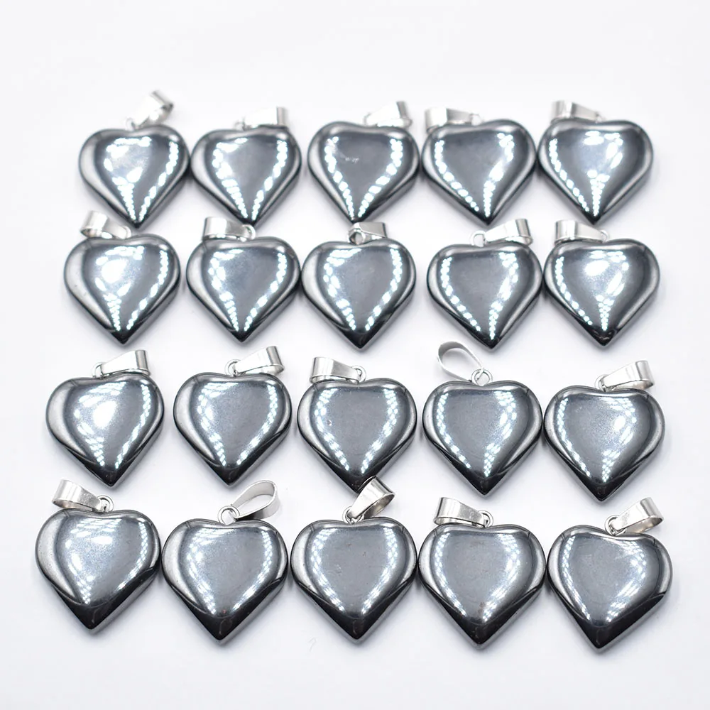 Love Heart Stone Pendants 20mm Wholesale 20pcs/lot Charms Natural Hematite Stone For DIY Jewelry Making Women Gift free shipping