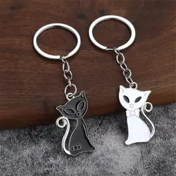 2PCS/PAIR Simple Metal Cat Keychain Black & White Kitty Pendant Keyring for Women Men Handbag Backpack Car Key Accessories Gifts