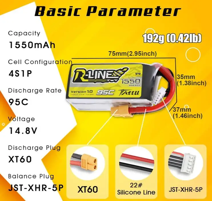 ACE TATTU R-Line 1.0 14.8V 1550mah 4S 95C Lipo Battery with XT60 Plug for RC Car Boat Truck Heli Airplane