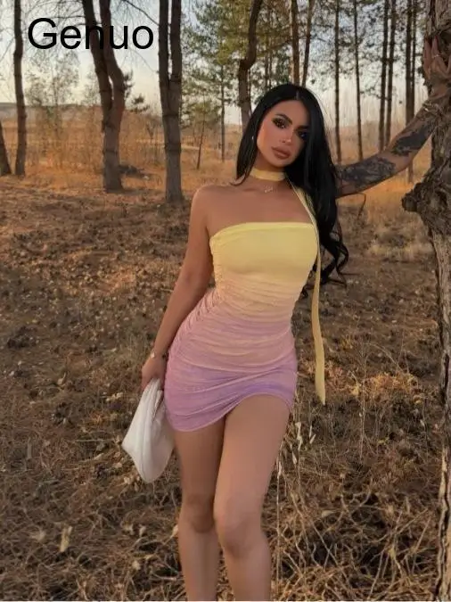 Trendy Gradient Two Tone Bodycon Mini Dress Women's Summer Sexy Color Block Backless Party Clubwear Vestido