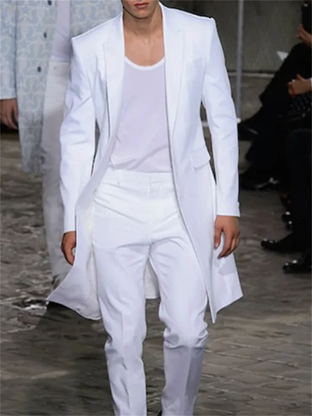 2 Pieces Long Jacket White Trousers Groom Tuxedos Wedding Suits for Men Peaked Lapel Man Blazers Coat Pants Prom