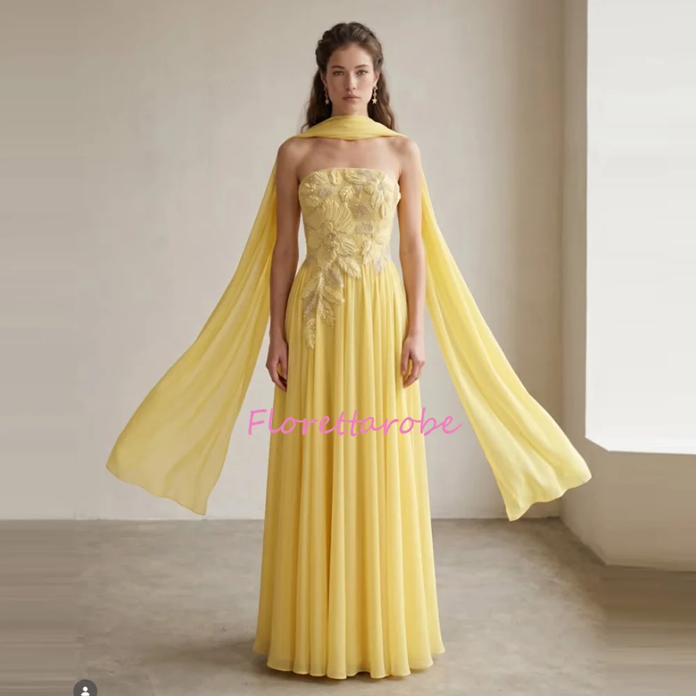

Exquisite Yellow Chiffon Strapless Prom Dress Elegant A-Line Evening Gowns Nova Customized Saudi Appliqued Beads Party Dresses
