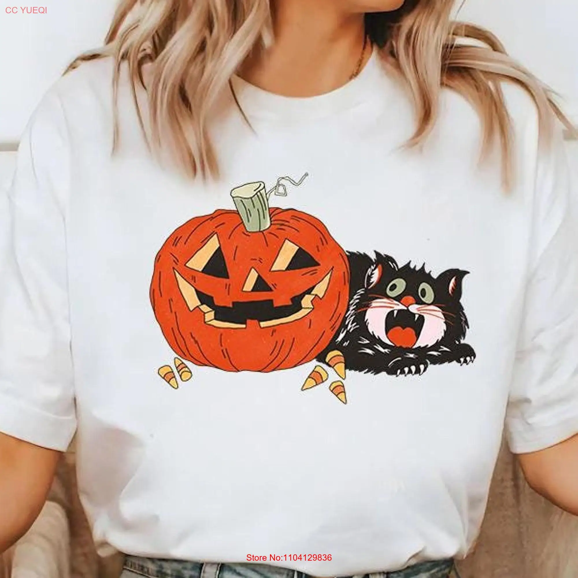 Camiseta Retro de los 90 para Halloween, camisa de manga larga o corta con diseño de gato, calabaza escalofriante