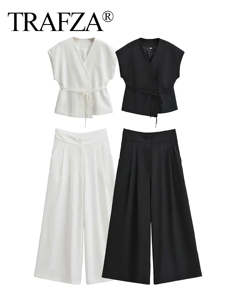 TRAFZA 2024 Women\'s Fashion Solid Suits Sleeveless V Neck Lace Up Top+A-Line Wide Leg Pleated Pants Elegant Office Lady Set