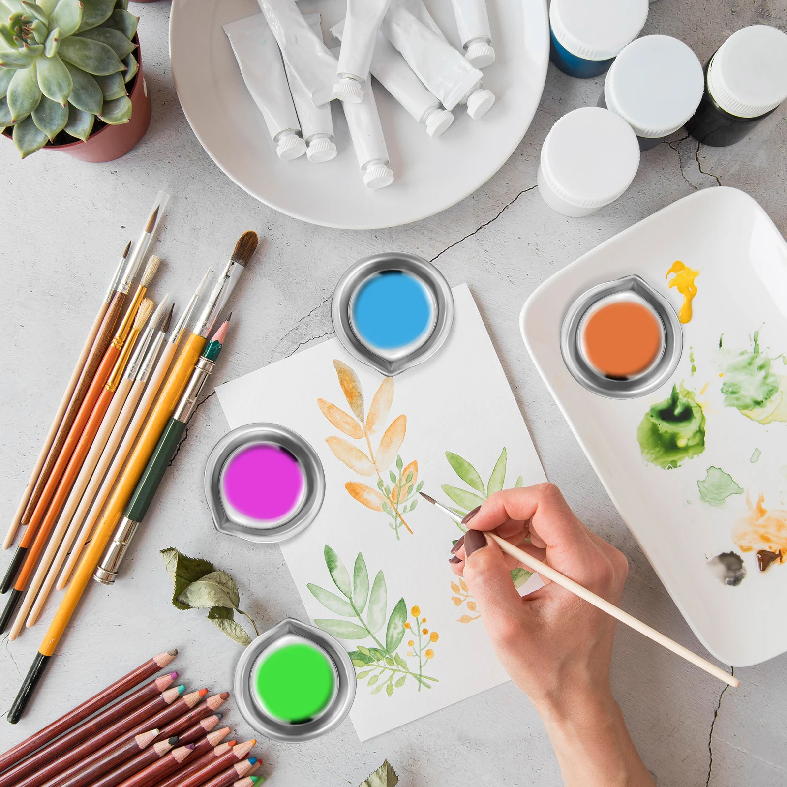 

18pcs Paint Palette Small Round Metal Watercolor Mixing Tray Stainless Steel Color Palette Cups Oil Gouache Spout Design