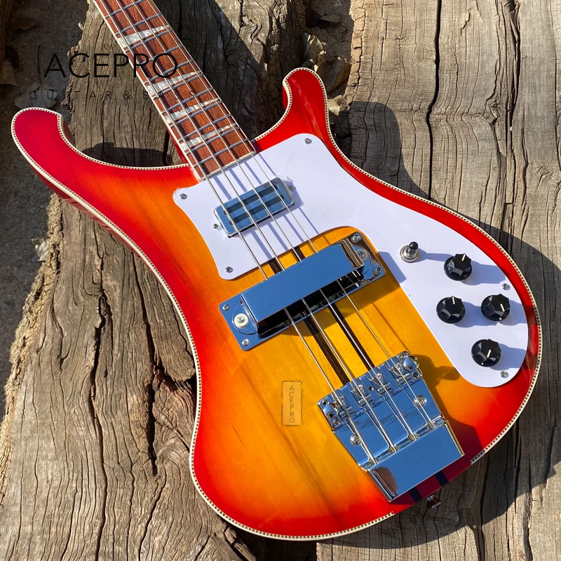 Neck Thru Body Electric Bass Guitar 4 String Cherry Sunburst Color, Upgrade Adjustable Bridge Available, Checkerboard Binding