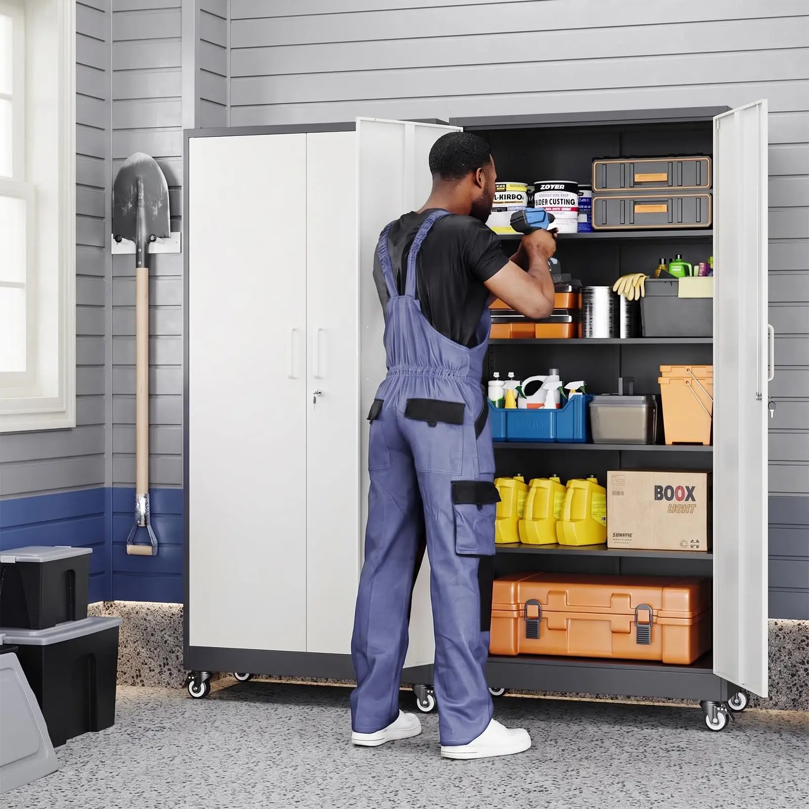 Gray White Metal Garage Storage Cabinet,Mobile Lockable Tool Cabinet