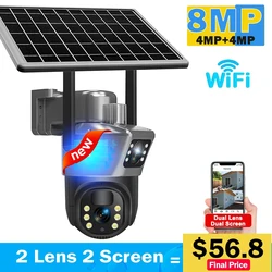 4K 8MP Wireless Solar Camera Dual Lens Dual Screen WiFi IP Cam External Security-Protection PTZ Video Surveillance