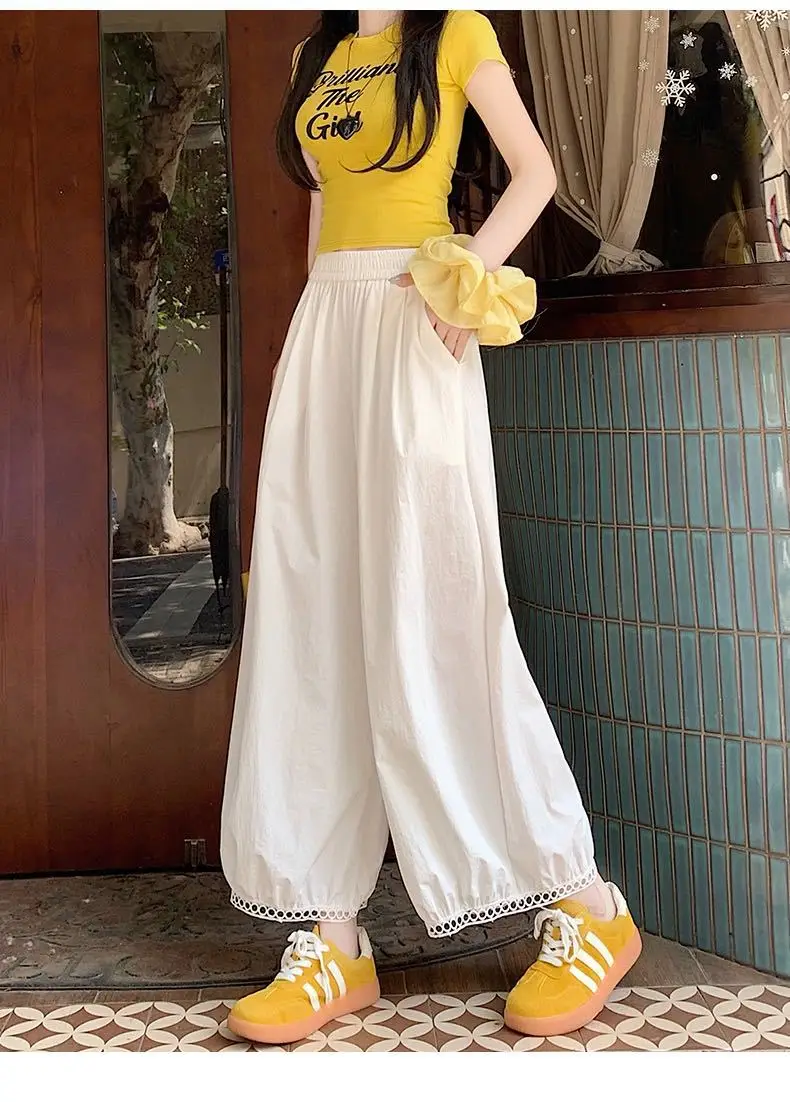 Out calças casuais femininas verão solto multiuso calças de perna larga secagem rápida plissado manguito nove minutos lanterna calças