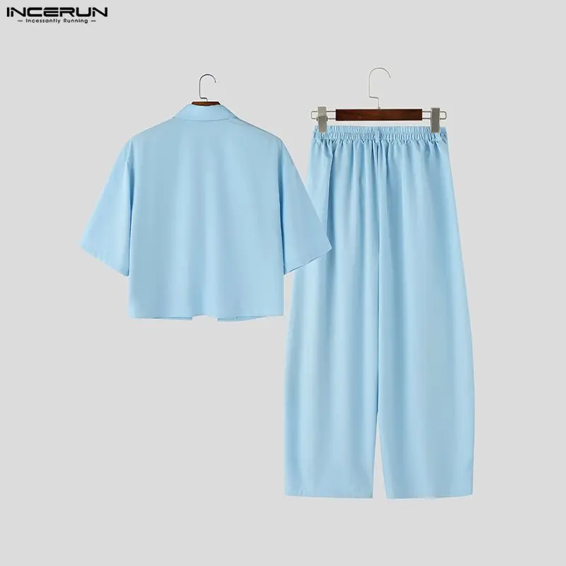 INCERUN Men's Sets Printing Patchwork Lapel Short Sleeve Shirt Wide Leg Pants Two Piece Sets Streetwear 2026 Men Matching Sets - Image 5
