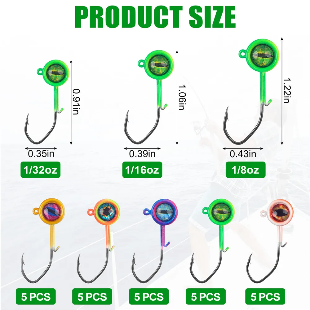 25 Stück Crappie Jig Heads Angelhaken mit 3D-Augen Swimbait 1/32 1/16 1/8OZ Angeljig-Köpfe Wurmhaken für Forellen und Barsche – Detail 1