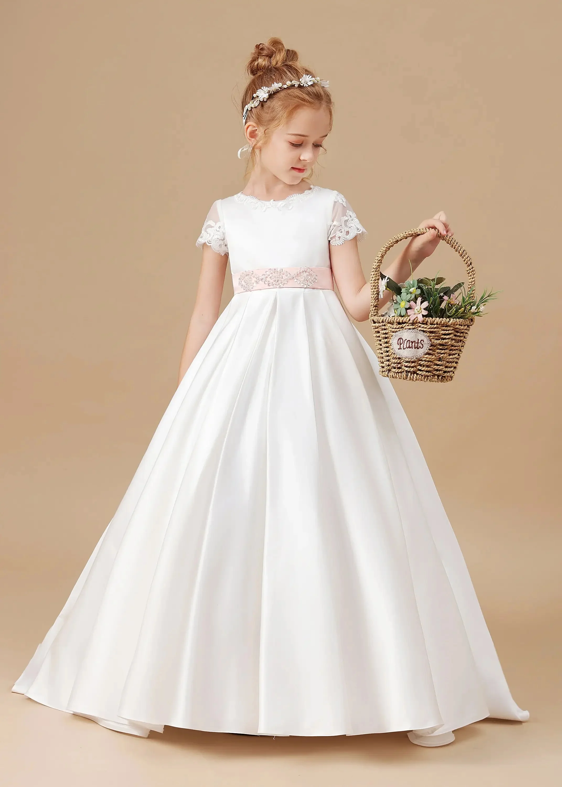 Classic Customized Flower Girl Dress For Wedding Short Sleeve Lace Beading Kids Birthday Party First Communion Ball Gown