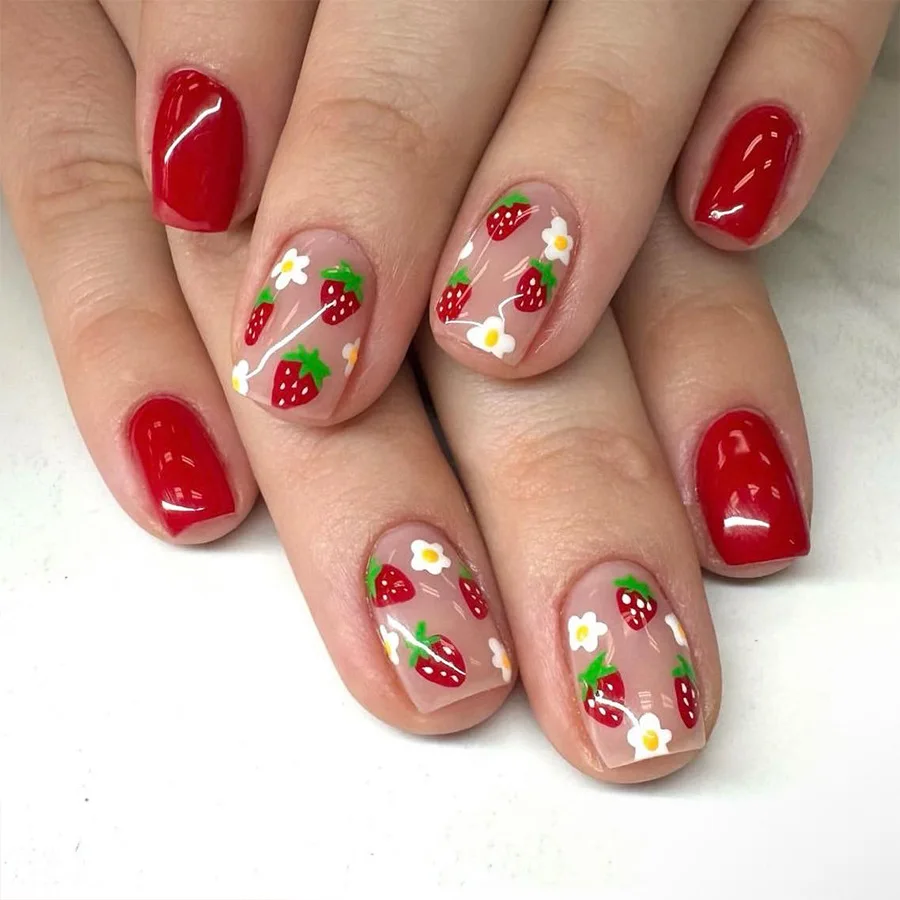 24Pcs Fruits Press on Nail Short Square Head Fake Nails Cute Sweet Acrylic False Nails with Glue Strawberries White Flowers Art