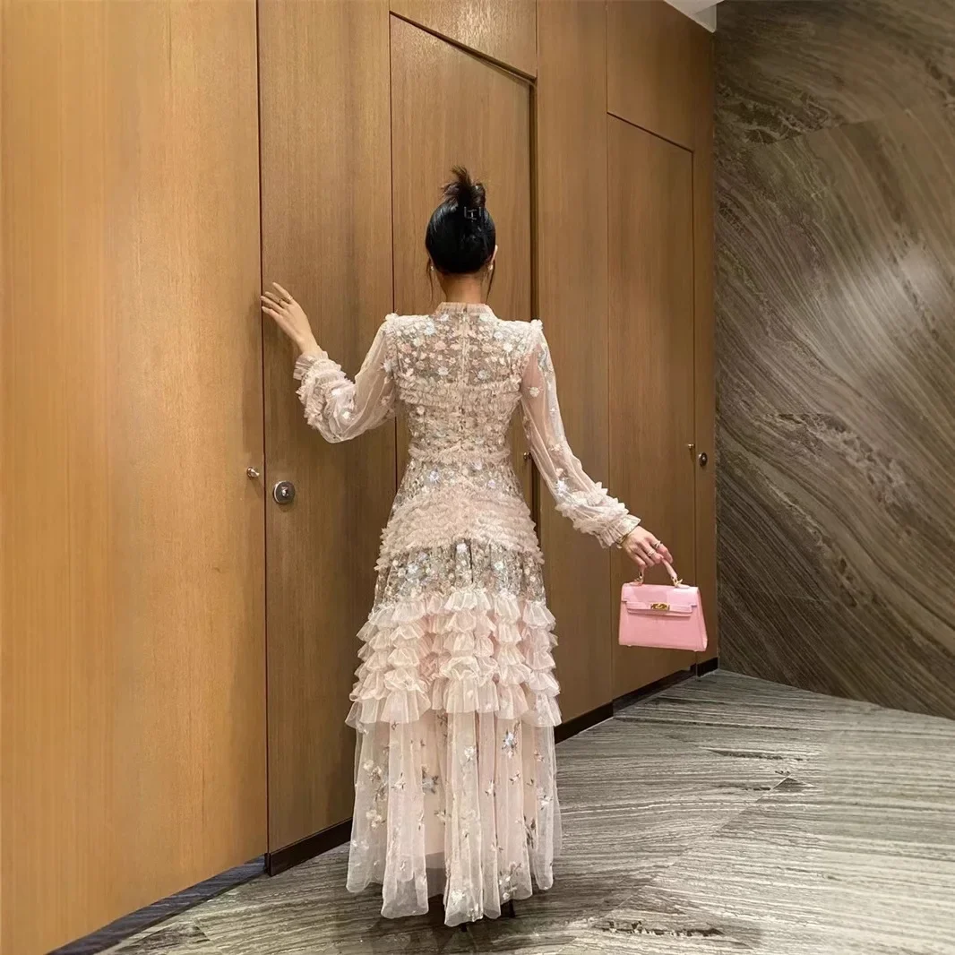 الربيع الصيف حالمة الجنية زهرة التطريز تول فستان طويل ماكسي تنورة نمط الأزهار طباعة ثوب مسائي الملابس النسائية #2