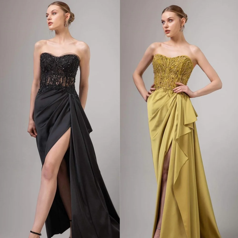 

Customized Evening Jersey Draped Pleat Sequined Evening A-line Strapless Bespoke Occasion Gown Long Dresses