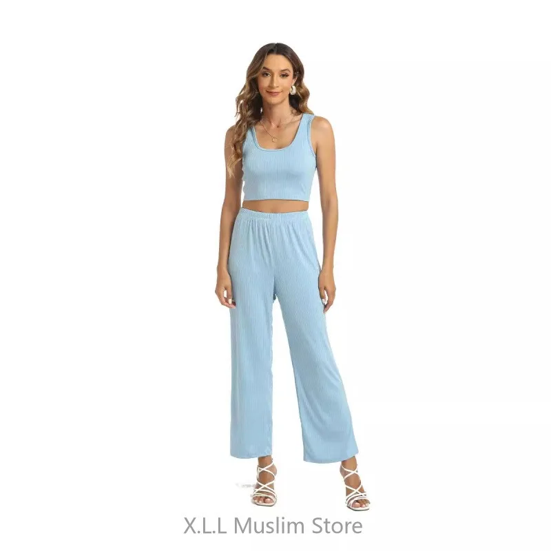 3 Piece Set Muslim Sports Set Soild Color Women Robe Clothes Loose Vest Coat Tops with Wide Leg Pants Ensemble Femme Musulmane