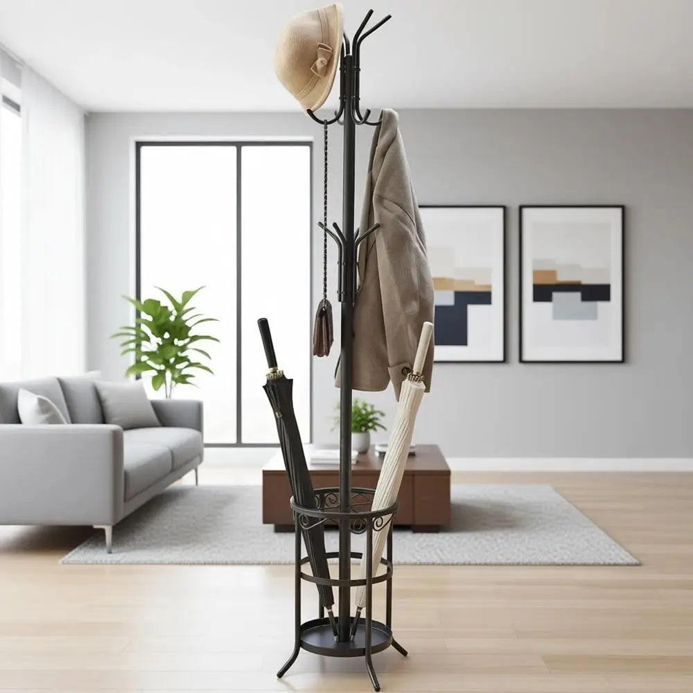 

Напольная вешалка для одежды с органайзером для зонтов и головных уборов