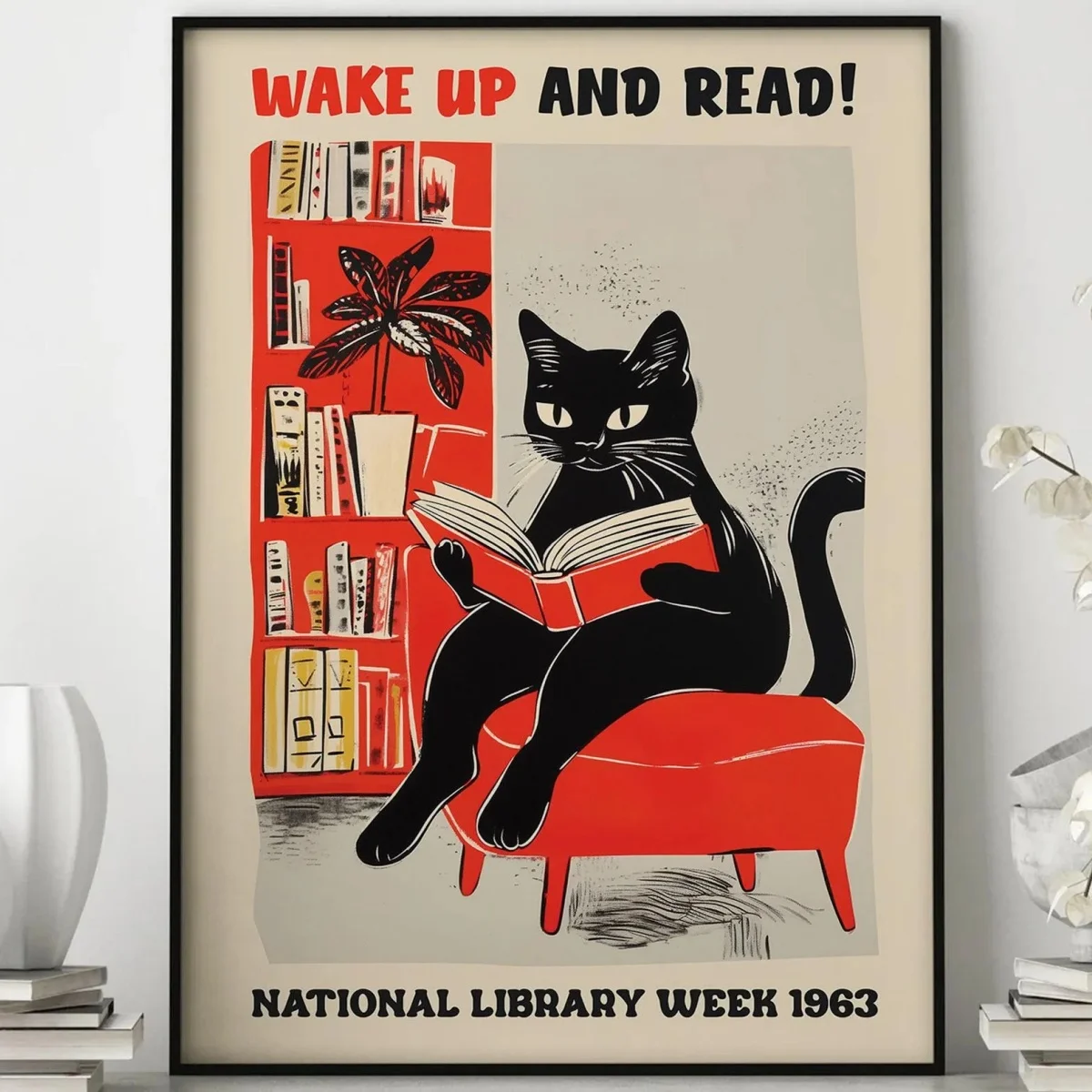 Whimsical Cat Reading Canvas Print Poster Wake Up and Read Funny Animal Art Print Living Room Bedroom Wall Art Home Decor Poster