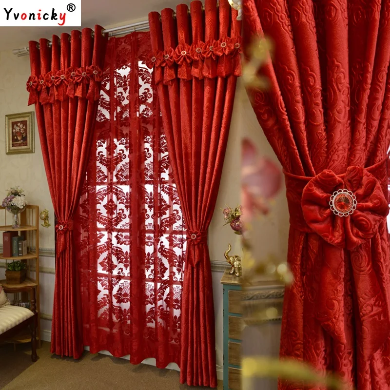 

Brand New Luxury Chenille Blackout Curtains for Living Room, Red Wedding Home Decorative Cortinas, Bedroom Velvet Window Drapes