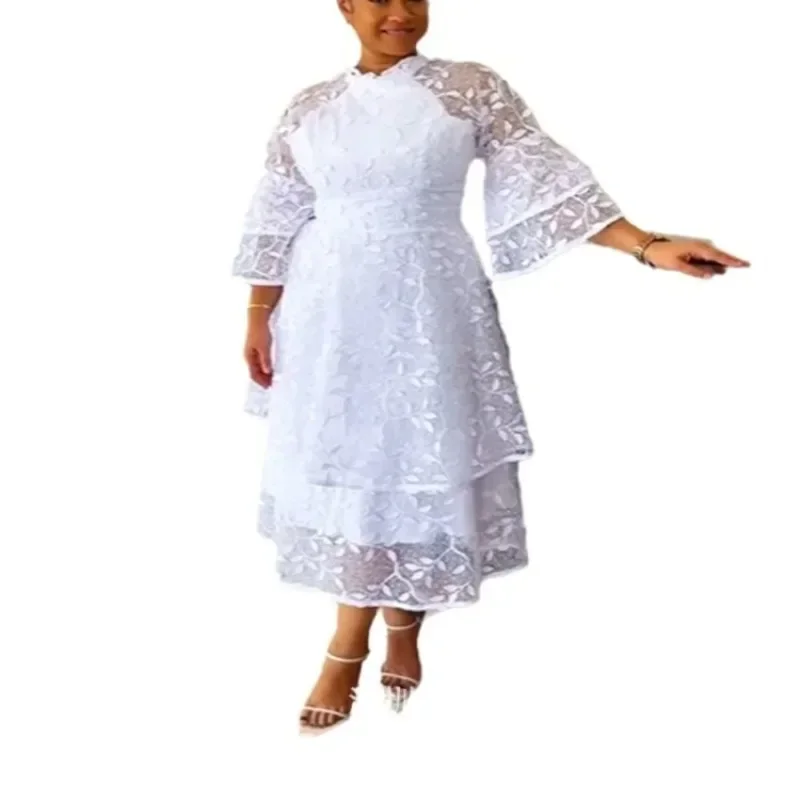 Dashiki Africa Одежда Африканские вечерние платья для женщин Лето Элегантное 2024 Белое сетчатое платье миди с высокой талией и рукавами 3/4
