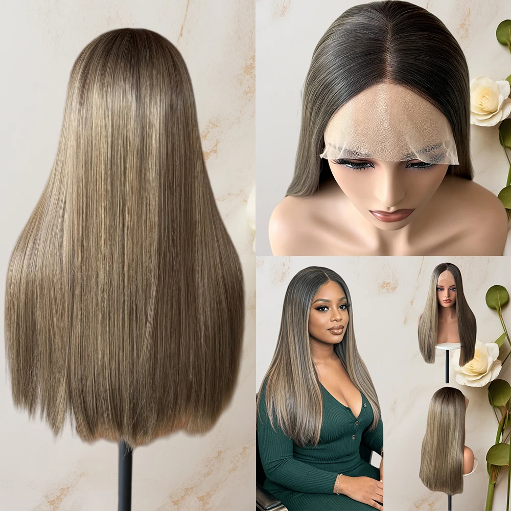 Realistic Look Glueless Wigs Ombre Brunette Brown Highlights Synthetic Lace Front Wig 13x4 Soft Straight Wig For Women Daily Use