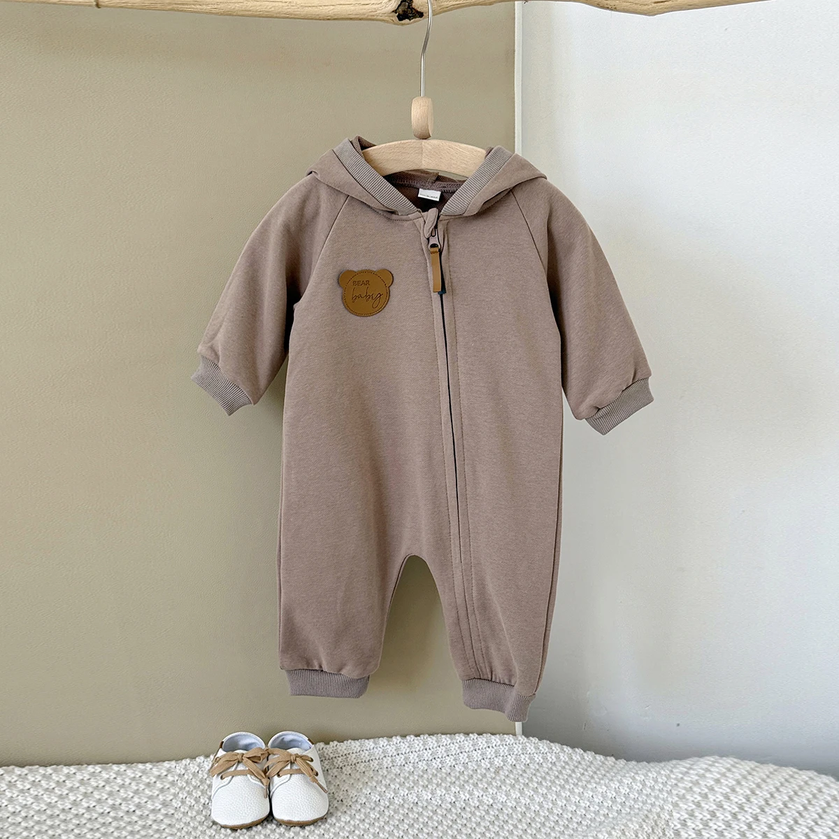 Korean Style Autumn Baby Boy Girl Clothes Hooded Cute Solid Color Zipper Jumpsuit Fashion Casual Comfortable Breathable Bodysuit - view 2