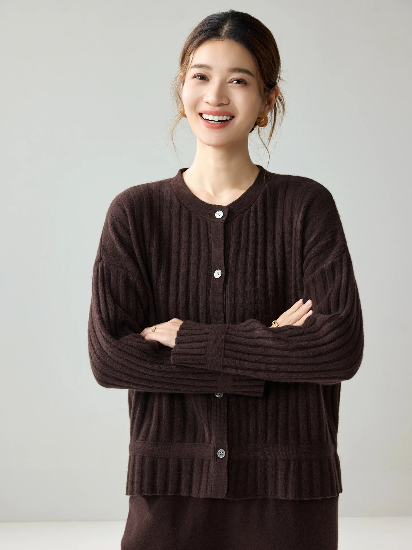 Casual 100% Cashmere Sweater Autumn Winter Woman  O-Neck Cardigan Knitwear Vertical Rib Knit Wide Rib Fitted Waist Coat Clothes