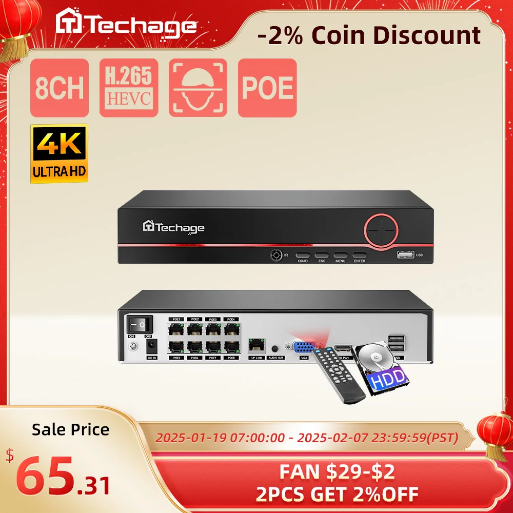 Techage H.265 8CH 4MP 5MP 8MP 1080P 4K POE NVR Двусторонний аудиомониторинг NVR до 16CH для сетевой камеры POE CCTV видео