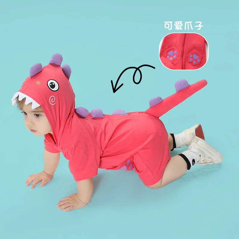 Kawaii Dinosaur Summer Infant Baby Clothes Boys Girl Bodysuit Hooded Cartoon Kawaii Five Colors Short Sleeve Romper Onesie