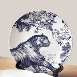 Ceramic Decorative Plate Blue Iru Sketch Tiger Circular Shape Tableware Restaurant Dessert Tray Home Bedroom Art Hanging Plate