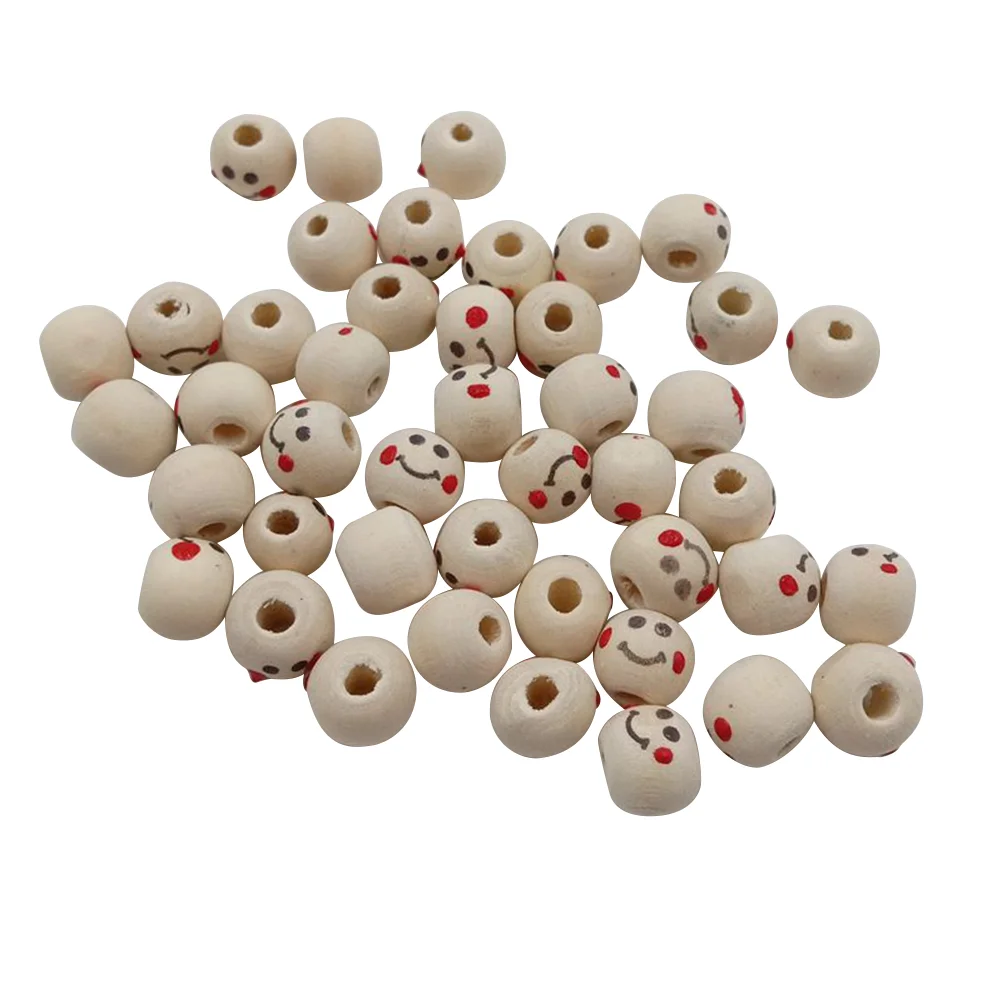 100 Pcs/pack Beads Wood Smiling Face Colored Drawing Wooden Ball Painted Bamboo