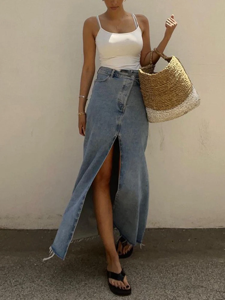 

2023 Spring Summer Women Denim Skirt High Waist Vintage Solid A-Line Slit Maxi Skirt For Women