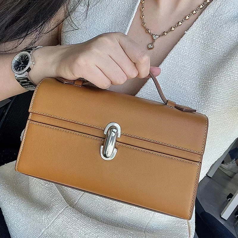 Genuine Leather Bags For Women Luxury Designer Handbag And Purses 2024 New In First Layer Cowhide Lock Top Handle Small Carrying