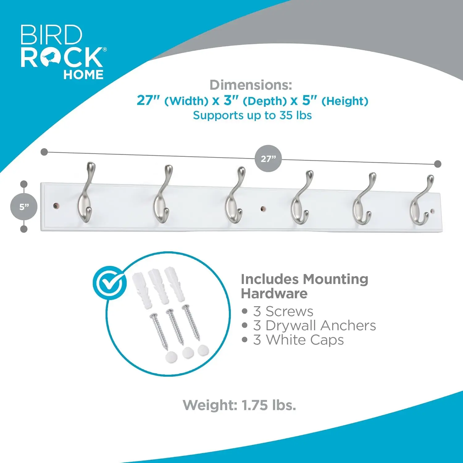 

Birdrock Home Hook Coat And Hat Rack - 6 Dual Hanging Coat Hooks For Wall Mount - Decorative Storage For Entryway Foyer Hallway