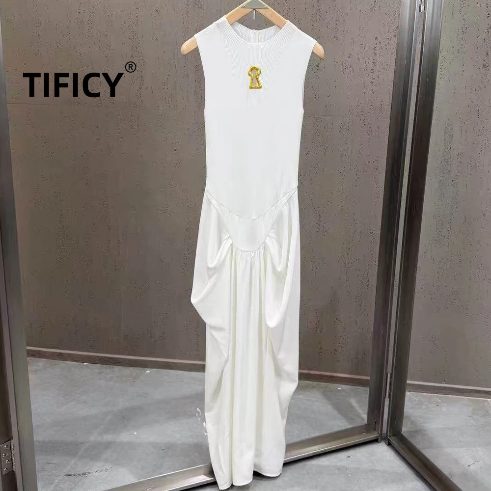

High Street Spring/Summer Dresses New Women's Solid Color Stand Up Collar Sleeveless Slim Fit Sexy Folded Tank Top Long Dress