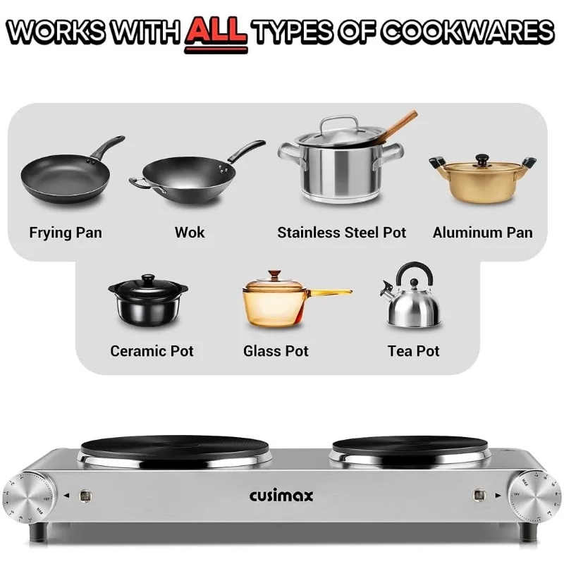 Hot Plates for Cooking,Double Burner CUSIMAX 1800w Double Hot Plate, Countertop Burners,Electric Burner Stainless Steel Portable